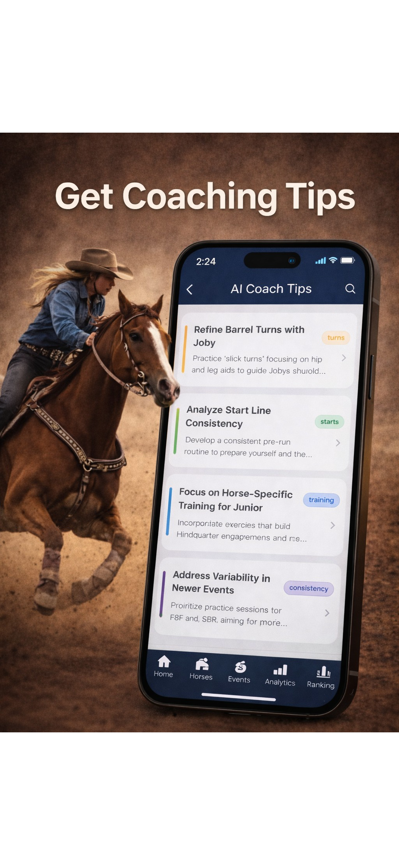 Arena Time AI Coach feature showing personalized barrel racing coaching tips, turn-by-turn analysis, and training recommendations