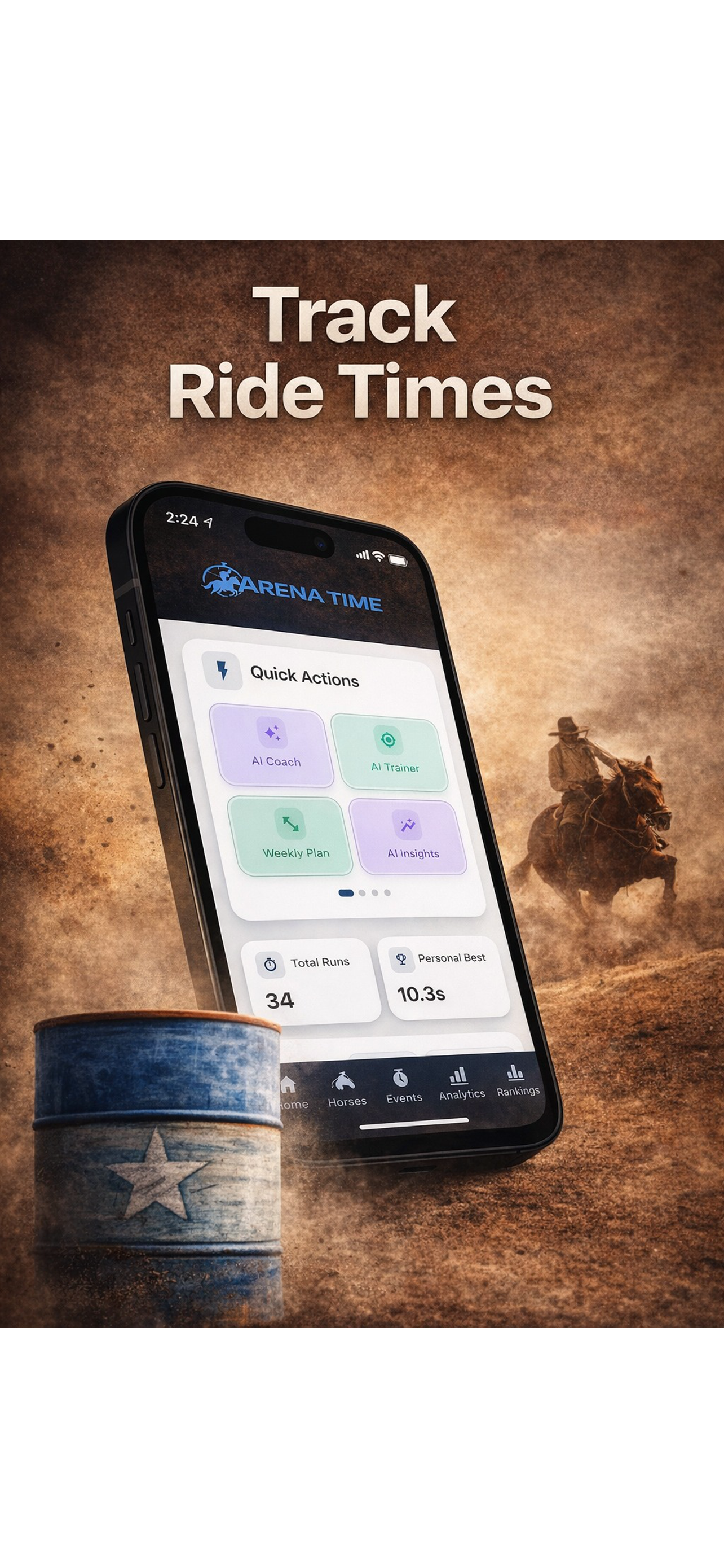 Arena Time competitive leaderboards showing global, regional, and friends rankings for barrel racing and rodeo events
